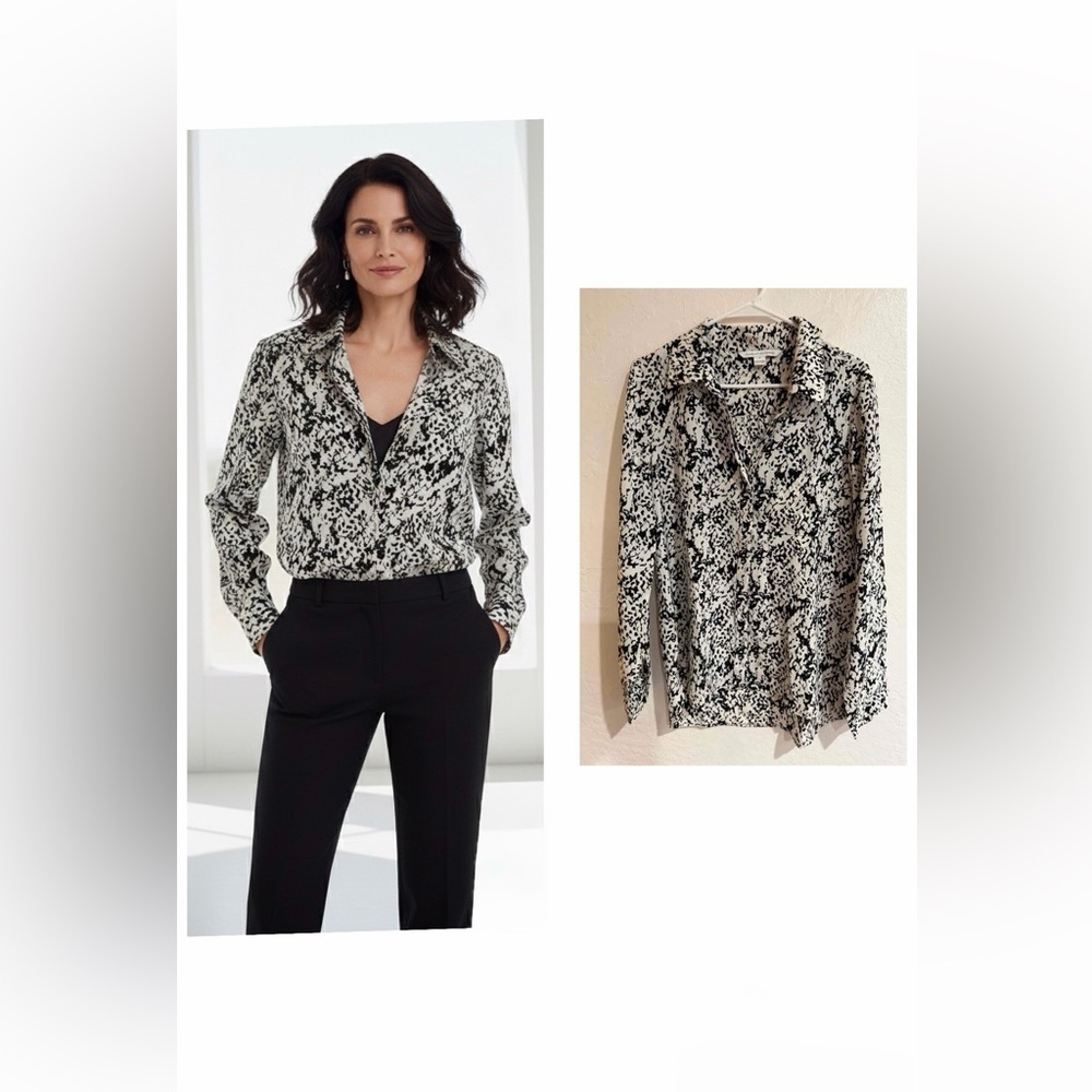 Diane von Furstenberg Black and White Print 100% Silk Button Up Top size 10